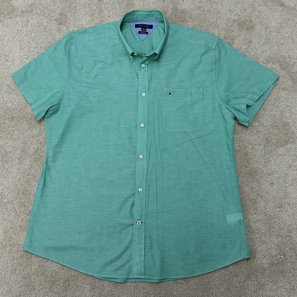 Tommy Hilfiger Short Sleeve Button Down Custom Fit Shirt - Green XL Pocket Logo